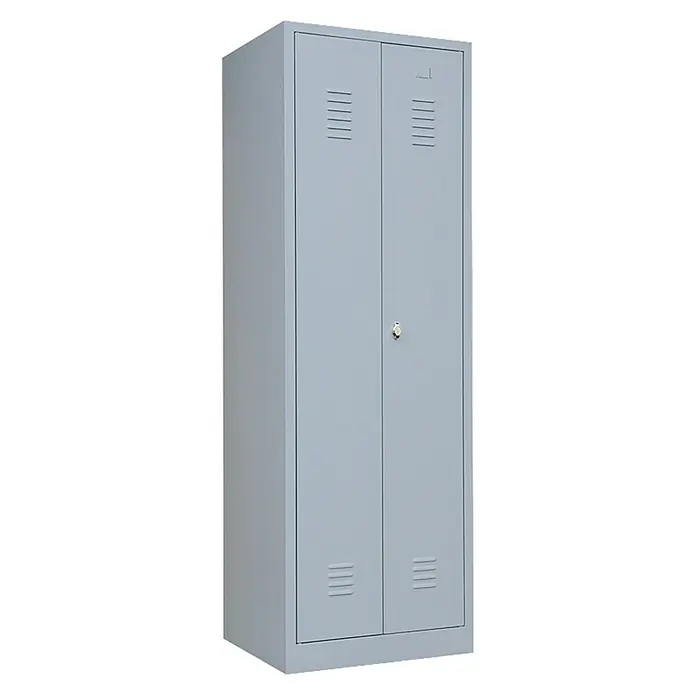Lüllmann Metall-Mehrzweckschrank - H x B x T: 180 x 60 x 50 cm, Lichtgrau, Fertig montiert, Anzahl Böden: 4 Stk. - Grauer Metallspind mit zwei Türen, ideal für Büro oder Schule, bietet sicheren Stauraum mit Belüftungsschlitzen und Schloss.