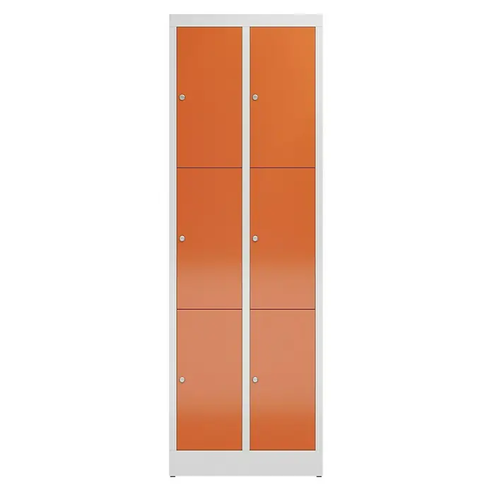 Lüllmann ClassiX Schließfachschrank - H x B x T: 180 x 59 x 50 cm, Lichtgrau/Feuerrot, Fertig montiert, Anzahl Fächer: 6 Stk. - Oranger Schrank mit sechs Fächern und weißen Umrandungen, ideal für die Aufbewahrung. Praktisch und stilvoll.