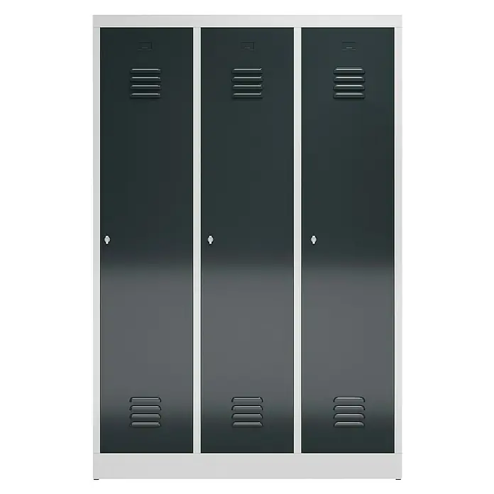 Lüllmann ClassiX Spind mit S/W-Trennung - H x B x T: 180 x 118,5 x 50 cm, Lichtgrau/Anthrazit, Fertig montiert, Anzahl Fächer: 3 Stk. - Abbildung eines Metallschranks mit drei Abteilen, ideal für die Aufbewahrung in Schulen oder Fitnessstudios.