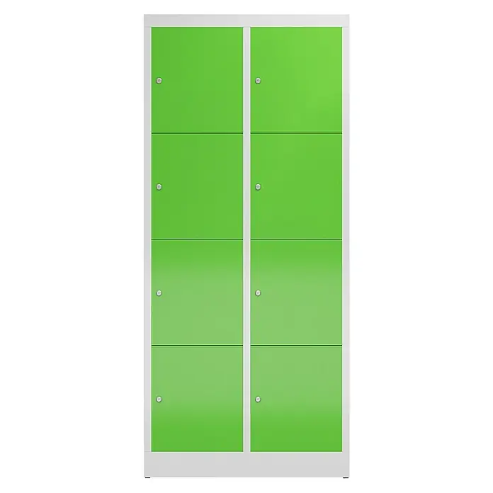 Lüllmann ClassiX Schließfachschrank - H x B x T: 180 x 80 x 50 cm, Lichtgrau/Gelbgrün, Fertig montiert, Anzahl Fächer: 8 Stk. - Grüne Schließfächer mit weißem Rahmen.