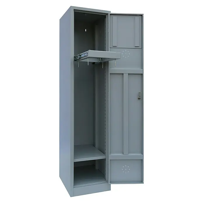 Lüllmann Wäscheschrank - H x B x T: 180 x 41,5 x 50 cm, Lichtgrau, Fertig montiert, Anzahl Türen: 1 Stk. - Grauer Metallschrank mit Regalen und Kleiderbügelhalter, ideal für Werkstatt oder Garage. Robuste Konstruktion für langlebige Nutzung.
