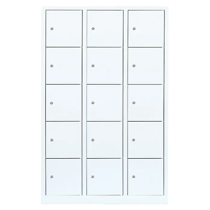 Lüllmann Schließfachschrank - H x B x T: 180 x 118,5 x 50 cm, Signalweiß, Fertig montiert, Anzahl Fächer: 15 Stk. - Bild eines Schranks mit vielen weißen Fächern und kleinen Schlössern an jeder Tür. Es handelt sich um eine Schließfachanlage.
