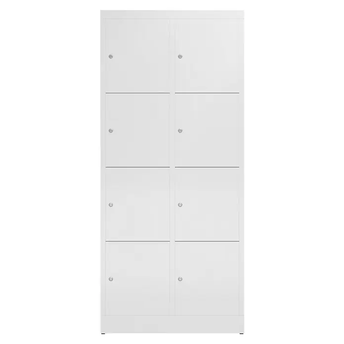 Lüllmann ClassiX Schließfachschrank - H x B x T: 180 x 80 x 50 cm, Signalweiß, Fertig montiert, Anzahl Fächer: 8 Stk. - Ein weißer Garderobenschrank mit acht separaten Fächern, die jeweils über einen Drehverschluss gesichert sind und eine minimalistische Optik aufweisen.
