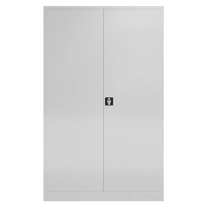 Lüllmann ClassiX Metall-Mehrzweckschrank - H x B x T: 194,5 x 120 x 60 cm, Signalweiß, Fertig montiert, Anzahl Böden: 4 Stk. - Ein grauer Aktenschrank mit zwei Türen und einem abschließbaren Griff in der Mitte. Ideal für Büro oder Werkstatt zur sicheren Aufbewahrung.