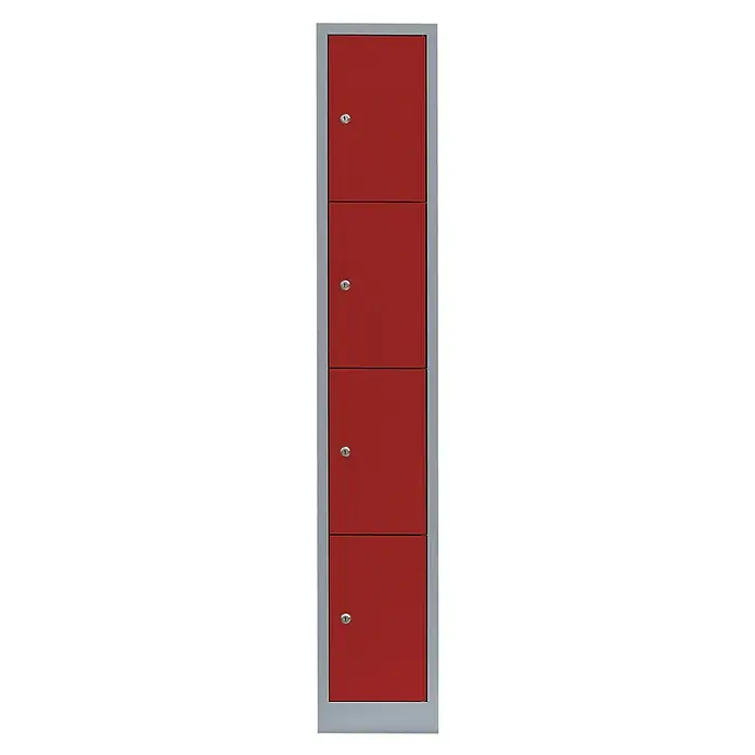 Lüllmann Schließfachschrank - H x B x T: 180 x 31,5 x 50 cm, Lichtgrau/Feuerrot, Fertig montiert, Anzahl Fächer: 4 Stk. - Schließfach mit vier roten Türen und silbernem Rahmen. Ideal für Schulen, Fitnessstudios oder Büros zur sicheren Aufbewahrung persönlicher Gegenstände.