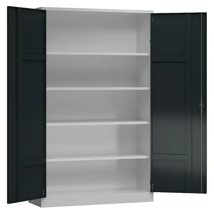 Lüllmann ClassiX Metall-Mehrzweckschrank - H x B x T: 194,5 x 120 x 60 cm, Lichtgrau/Anthrazit, Fertig montiert, Anzahl Böden: 4 Stk. - Schrank mit offenen Türen und weißen Einlegeböden, ideal für die Aufbewahrung verschiedener Gegenstände. Praktisch und stilvoll.