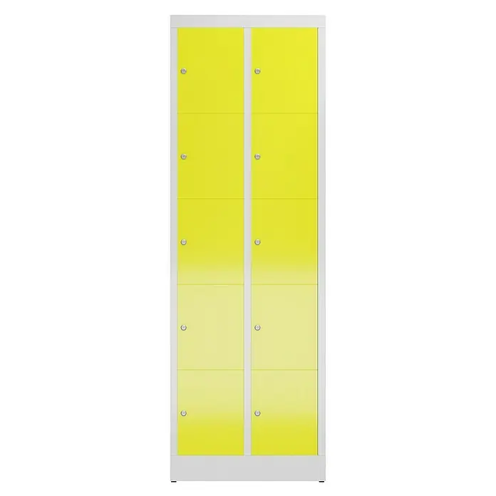 Lüllmann ClassiX Schließfachschrank - H x B x T: 180 x 59 x 50 cm, Lichtgrau/Zinkgelb, Fertig montiert, Anzahl Fächer: 10 Stk. - Gelber Garderobenschrank mit acht Fächern und silbernen Beschlägen. Ideal für Umkleideräume oder Schulen.