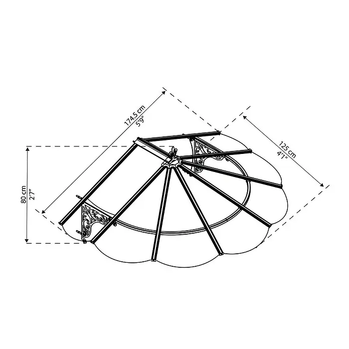 Palram – Canopia Vordach Iris - 174,5 x 125 x 80 cm, Schwarz - Eine Draufsicht des Pavillons mit Maßangaben. Das Produkt hat eine Größe von 174,5 cm in der Tiefe und 125 cm in der Breite.