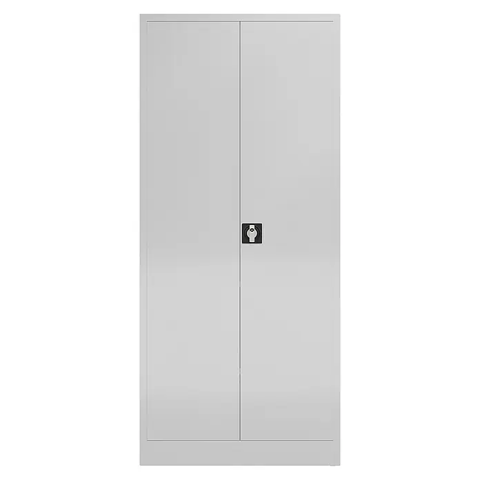 Lüllmann ClassiX Metall-Mehrzweckschrank - H x B x T: 180 x 80 x 38 cm, Lichtgrau, Fertig montiert, Anzahl Böden: 4 Stk. - Aufnahme eines grauen Büroschranks mit zwei Türen und einem schwarzen Drehknopf zum Öffnen und Schließen des Schranks.