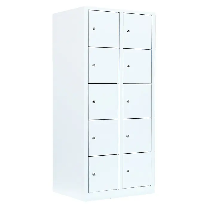 Lüllmann Schließfachschrank - H x B x T: 180 x 80 x 50 cm, Signalweiß, Fertig montiert, Anzahl Fächer: 10 Stk. - Hier ist ein Schrank mit kleinen weißen Fächern, die mit Schlössern ausgestattet sind. Die perfekte Aufbewahrungslösung für jeden Raum!