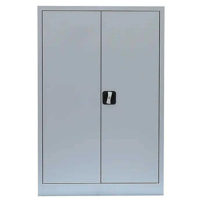 Lüllmann Metall-Mehrzweckschrank - H x B x T: 120 x 92,5 x 42,2 cm, Lichtgrau, Fertig montiert, Anzahl Böden: 2 Stk. - Grauer Stahlschrank mit zwei Türen und einem schwarzen Griff in der Mitte. Der Schrank bietet Stauraum und Sicherheit für verschiedene Gegenstände.