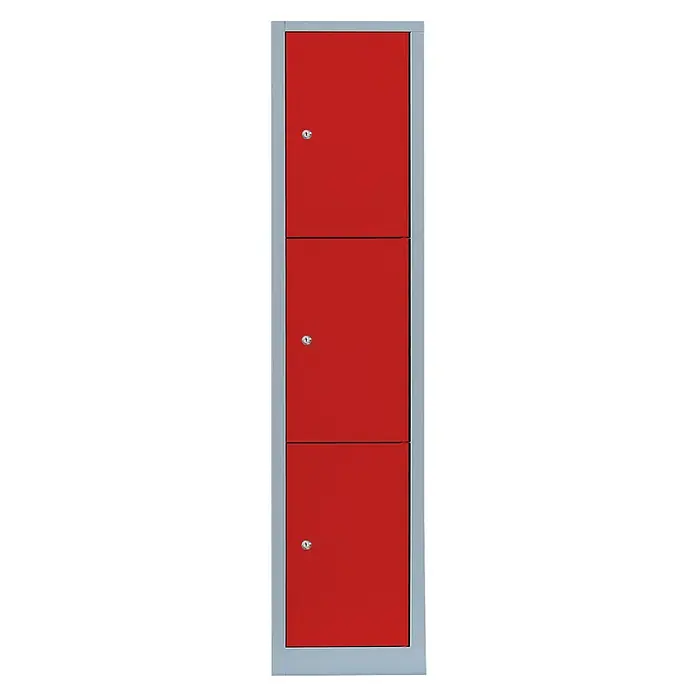 Lüllmann Schließfachschrank - H x B x T: 180 x 41,5 x 50 cm, Lichtgrau/Feuerrot, Fertig montiert, Anzahl Fächer: 3 Stk. - Roter Spind mit drei abschließbaren Fächern in einem stabilen Stahlrahmen für sichere Aufbewahrung.