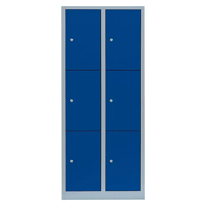 Lüllmann Schließfachschrank - H x B x T: 180 x 80 x 50 cm, Lichtgrau/Enzianblau, Fertig montiert, Anzahl Fächer: 6 Stk. - Ein blauer Schrank mit sechs Fächern und grauen Rahmen. Ideal für die Aufbewahrung von persönlichen Gegenständen in Büros oder Schulen.