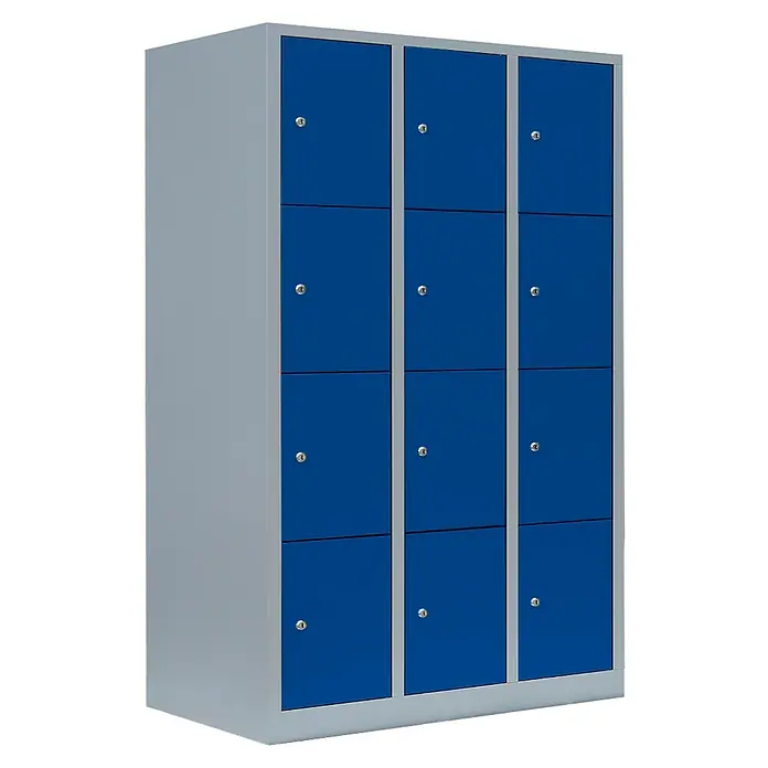Lüllmann Schließfachschrank - H x B x T: 180 x 118,5 x 50 cm, Lichtgrau/Enzianblau, Fertig montiert, Anzahl Fächer: 12 Stk. - Blauer Metallschrank mit zwölf Fächern. Ideal für Schulen, Umkleideräume oder Büros zur sicheren Aufbewahrung persönlicher Gegenstände.