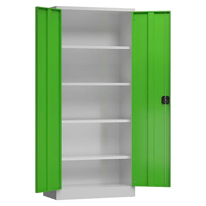 Lüllmann ClassiX Metall-Mehrzweckschrank - H x B x T: 180 x 80 x 38 cm, Lichtgrau/Gelbgrün, Fertig montiert, Anzahl Böden: 4 Stk. - Ein offener grüner Stahlschrank mit weißen Einlegeböden, ideal für Büro oder Werkstatt, bietet viel Stauraum.