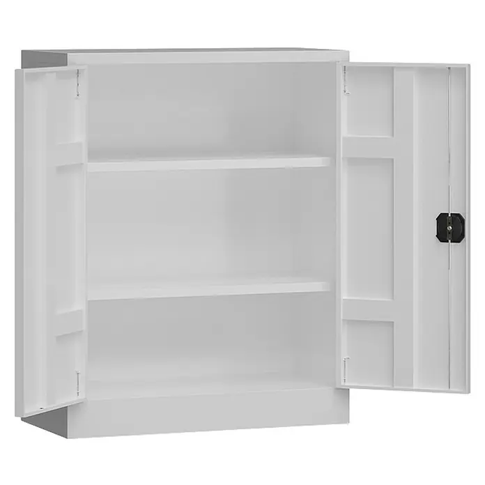 Lüllmann ClassiX Metall-Mehrzweckschrank - H x B x T: 100 x 80 x 38 cm, Signalweiß, Fertig montiert, Anzahl Böden: 2 Stk. - Abbildung eines weißen Metallschranks mit zwei offenen Türen und zwei Regalböden. Praktische und robuste Aufbewahrungslösung.
