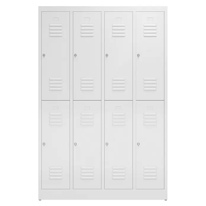 Lüllmann ClassiX Spind - H x B x T: 180 x 118,5 x 50 cm, Signalweiß, Fertig montiert, Anzahl Fächer: 8 Stk. - Aufnahme eines weißen, achtteiligen Schließfachschranks mit Lüftungsschlitzen und Schlössern.