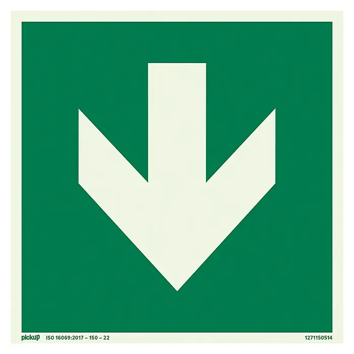 Pickup Fluchtwegschild SK - L x B: 150 x 150 mm, Pfeil unten, Grün - Grünes Schild mit weißem Pfeil nach unten für Notausgang. Klare Kennzeichnung für den sicheren Weg im Notfall.