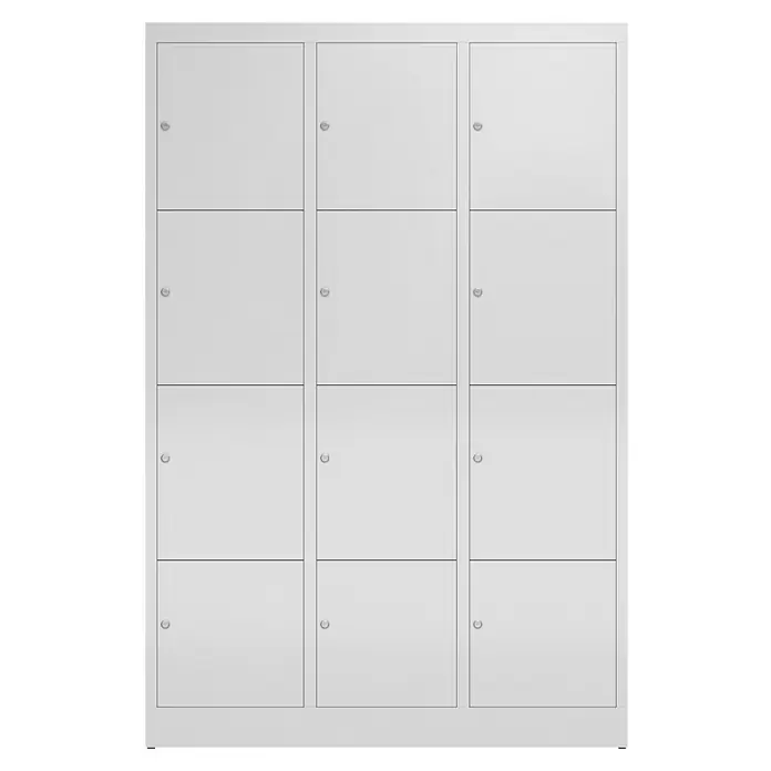 Lüllmann ClassiX Schließfachschrank - H x B x T: 180 x 118,5 x 50 cm, Lichtgrau, Fertig montiert, Anzahl Fächer: 12 Stk. - Schrankwand mit zwölf Fächern in hellgrauer Farbe für Büro, Umkleide oder Schule. Einzeln abschließbare Türen mit Griffen.