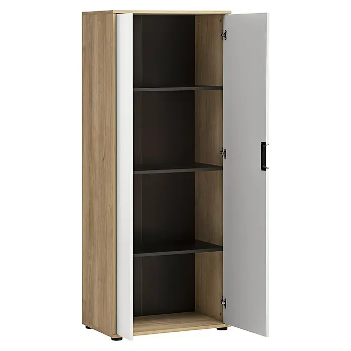 Schildmeyer Emmik Aktenschrank - L x B x H: 41 x 65,1 x 163,6 cm, Weiß/Eiche - Offener Holzschrank mit weißen Akzenten und mehreren Regalböden zur Aufbewahrung und Organisation von Gegenständen.