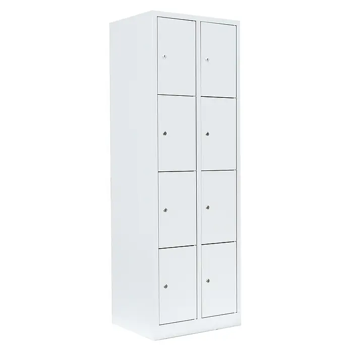 Lüllmann Schließfachschrank - H x B x T: 180 x 60 x 50 cm, Signalweiß, Fertig montiert, Anzahl Fächer: 8 Stk. - Ein weißer Metallschrank mit acht abschließbaren Fächern, ideal für sichere Aufbewahrung in Büros oder Schulen. Der Schrank bietet viel Stauraum.