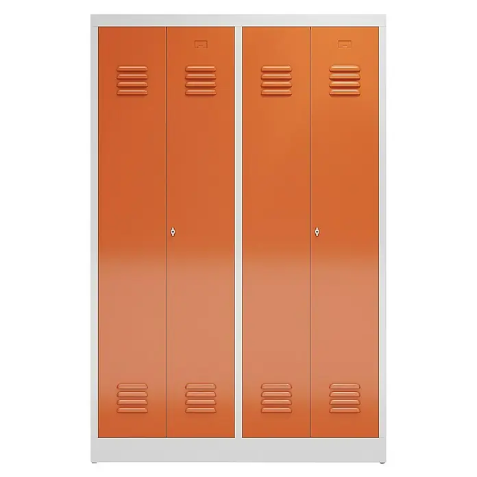 Lüllmann ClassiX Doppelspind - H x B x T: 180 x 118,5 x 50 cm, Lichtgrau/Feuerrot, Fertig montiert, Anzahl Fächer: 4 Stk. - Bild eines orangenfarbenen Spindschranks mit vier Türen und weißen Rahmen.