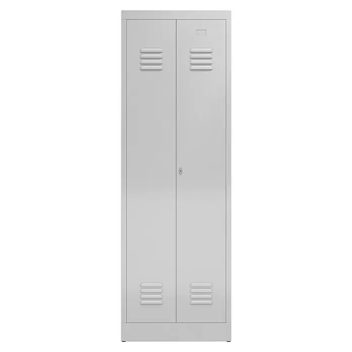 Lüllmann ClassiX Doppelspind - H x B x T: 180 x 60 x 50 cm, Lichtgrau, Fertig montiert, Anzahl Fächer: 2 Stk. - Abbildung eines grauen Metallspinds mit zwei Türen, ideal zur Aufbewahrung und Organisation von Gegenständen.