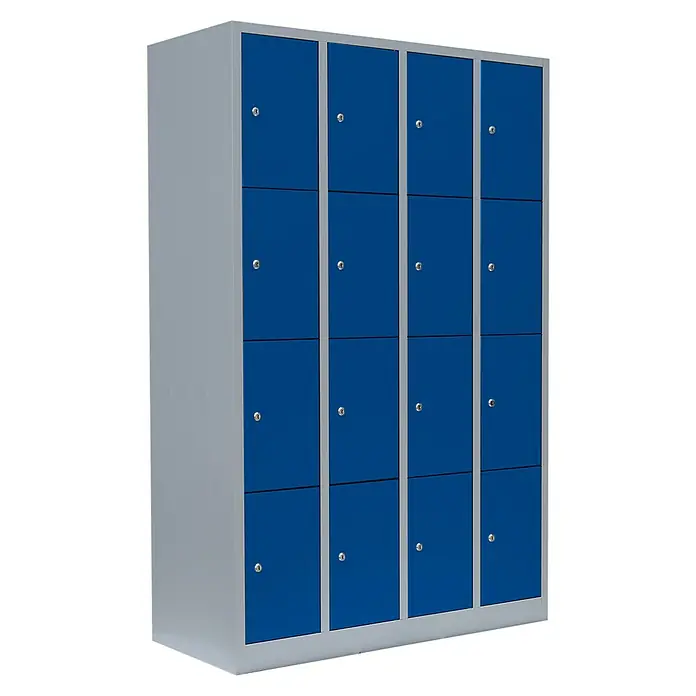 Lüllmann Schließfachschrank - H x B x T: 180 x 117 x 50 cm, Lichtgrau/Enzianblau, Fertig montiert, Anzahl Fächer: 16 Stk. - Metallschrank mit blauen Türen und vier Spalten für Schulen und Sportanlagen zur Aufbewahrung persönlicher Gegenstände.