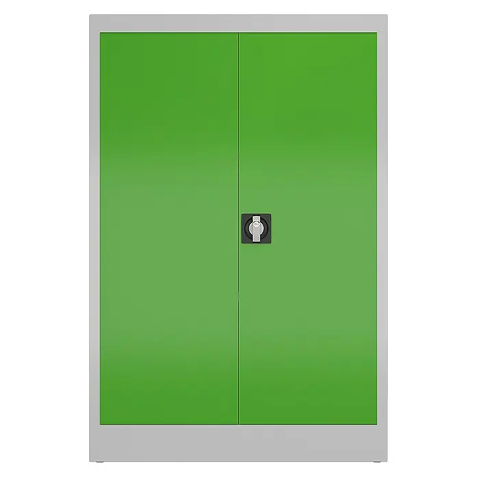 Lüllmann ClassiX Metall-Mehrzweckschrank - H x B x T: 120 x 80 x 38 cm, Lichtgrau/Gelbgrün, Fertig montiert, Anzahl Böden: 2 Stk. - Abbildung eines grünen Metallschranks mit zwei Türen und silbernem Rahmen, ideal für Büro oder Werkstatt zur sicheren Aufbewahrung.