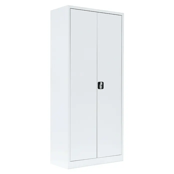 Lüllmann Metall-Mehrzweckschrank - H x B x T: 180 x 80 x 38,3 cm, Signalweiß, Fertig montiert, Anzahl Böden: 3 Stk. - Ein weißer Flügeltürenschrank mit schwarzem Griff. Ideal für Büro oder Werkstatt.