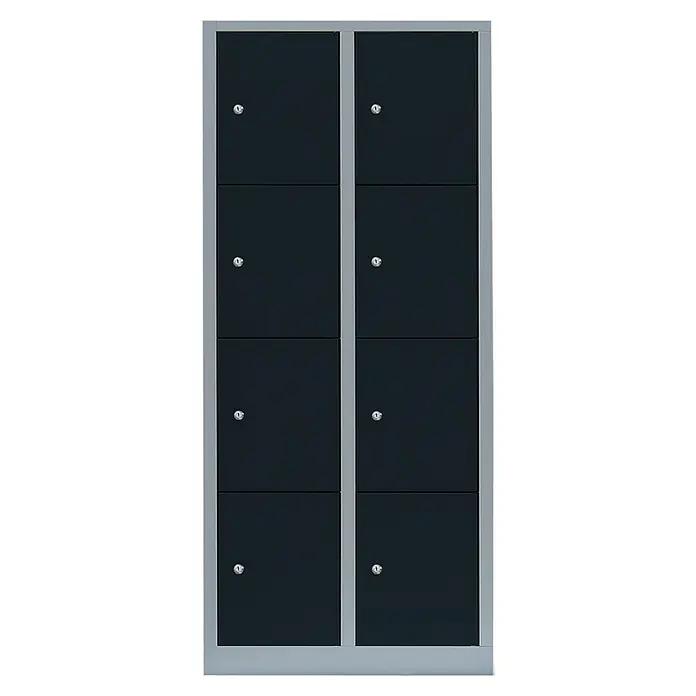 Lüllmann Schließfachschrank - H x B x T: 180 x 80 x 50 cm, Lichtgrau/Anthrazit, Fertig montiert, Anzahl Fächer: 8 Stk. - Ein schlanker, grauer Schließschrank mit acht schwarzen Türen und Schlüsselschlössern, ideal für Büros oder Umkleideräume.