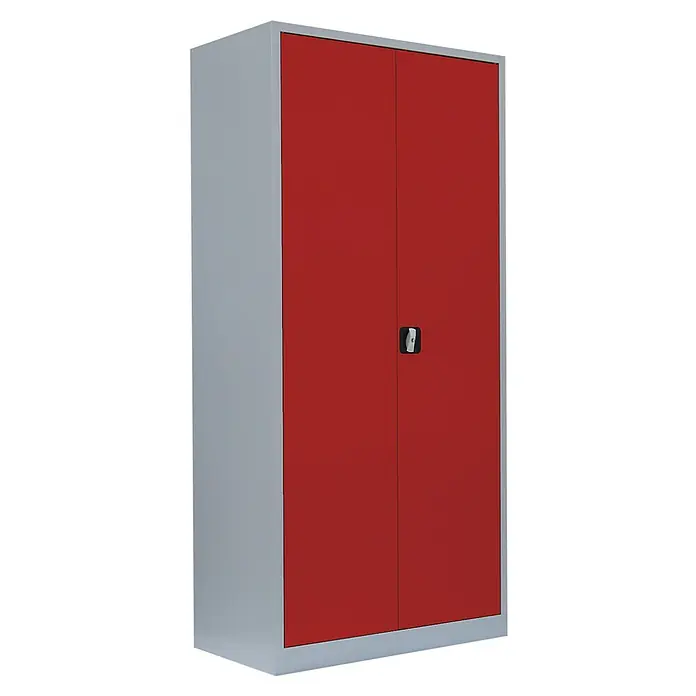 Lüllmann Metall-Mehrzweckschrank - H x B x T: 195 x 92,5 x 50 cm, Lichtgrau/Feuerrot, Fertig montiert, Anzahl Böden: 4 Stk. - Abbildung eines zweitürigen Stahlschranks in Grau mit roten Türen und schwarzem Griff, ideal für die Aufbewahrung im Büro oder zu Hause.