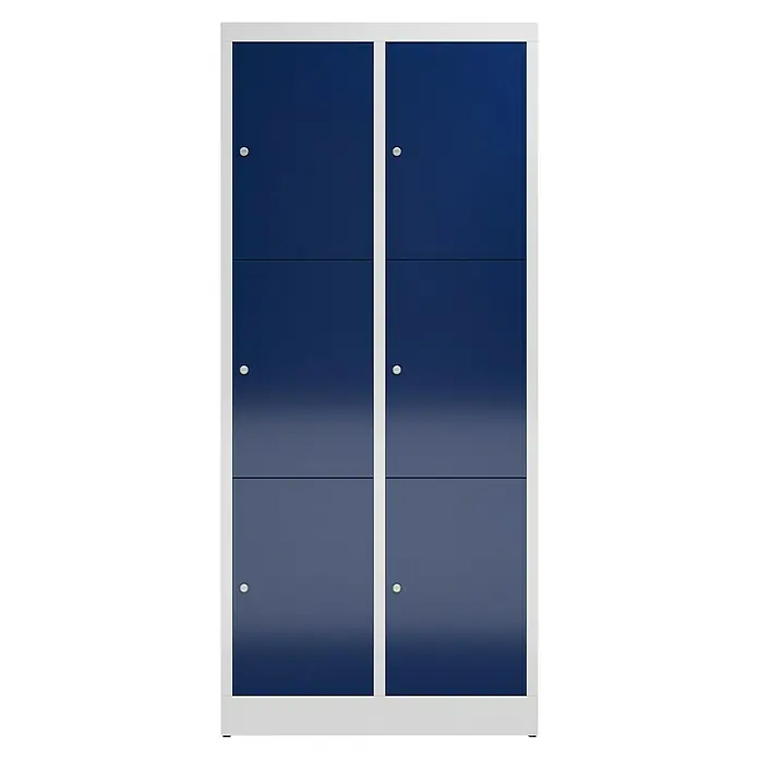 Lüllmann ClassiX Schließfachschrank - H x B x T: 180 x 80 x 50 cm, Lichtgrau/Enzianblau, Fertig montiert, Anzahl Fächer: 6 Stk. - Schrank mit sechs blauen Fächern in einem weißen Rahmen, ideal für die Organisation und Aufbewahrung. Modernes und praktisches Design.