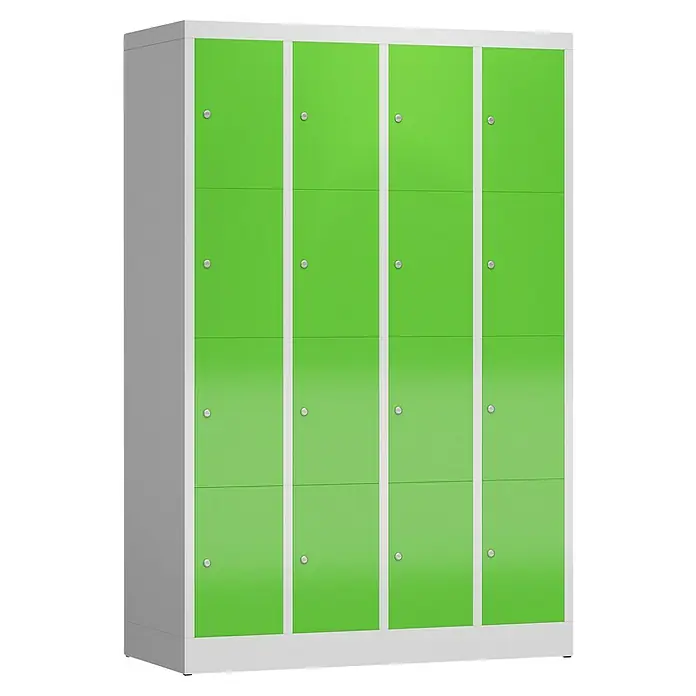 Lüllmann ClassiX Schließfachschrank - H x B x T: 180 x 118,5 x 50 cm, Lichtgrau/Gelbgrün, Fertig montiert, Anzahl Fächer: 16 Stk. - Ein grüner Spindschrank mit mehreren Fächern und silbernen Akzenten. Ideal für Schulen oder Sporteinrichtungen.