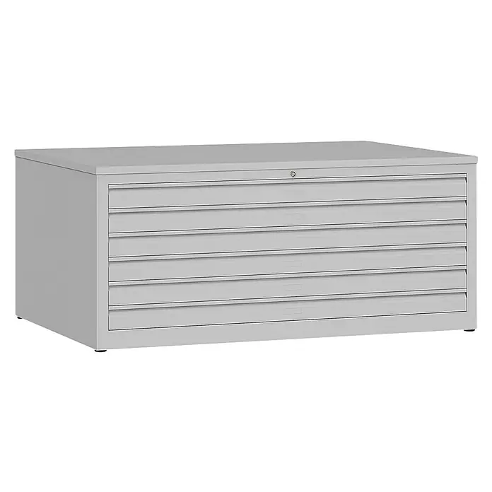 Lüllmann Planschrank - H x B x T: 60,5 x 140,5 x 95,5 cm, Lichtgrau, Fertig montiert, Anzahl Schubladen: 6 Stk. - Grauer Planschrank mit fünf Schubladen und einem Schloss, ideal für die sichere und organisierte Aufbewahrung von Dokumenten und Plänen.