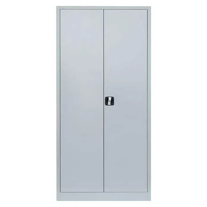 Lüllmann Metall-Mehrzweckschrank - H x B x T: 195 x 92,5 x 42,2 cm, Lichtgrau, Fertig montiert, Anzahl Böden: 4 Stk. - Ein grauer Büroschrank mit zwei Türen und einem schwarzen Griff in der Mitte. Ideal für die Aufbewahrung von Akten und Büromaterialien.