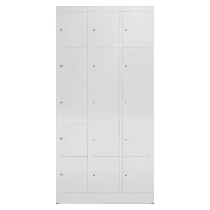 Lüllmann ClassiX Schließfachschrank - H x B x T: 180 x 87 x 50 cm, Lichtgrau, Fertig montiert, Anzahl Fächer: 15 Stk. - Das Bild zeigt einen weißen Schrank mit zwölf Fächern, die jeweils mit einem Schloss gesichert sind. Perfekt für Büro oder Schule.
