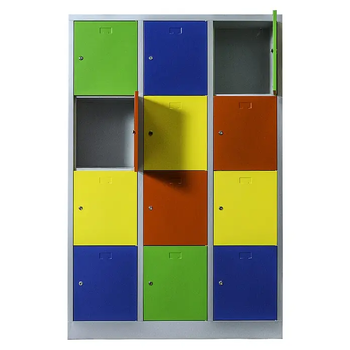 Lüllmann ClassiX Schließfachschrank - H x B x T: 180 x 118,5 x 50 cm, Lichtrgau/Mehrfarbig, Fertig montiert, Anzahl Fächer: 12 Stk. - Farbenfrohe Metallgarderobenschränke mit mehreren Fächern und einigen offenen Türen für den Innenbereich.