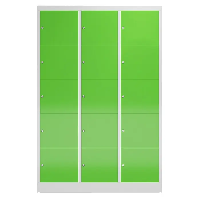 Lüllmann ClassiX Schließfachschrank - H x B x T: 180 x 118,5 x 50 cm, Lichtgrau/Gelbgrün, Fertig montiert, Anzahl Fächer: 15 Stk. - Grüne Spinde mit silbernen Griffen, ideal für Schulen oder Fitnessstudios, bieten eine sichere Aufbewahrung.