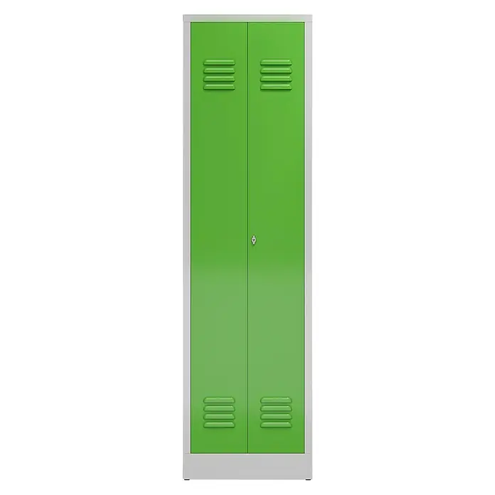 Lüllmann ClassiX Metall-Mehrzweckschrank - H x B x T: 180 x 50 x 50 cm, Lichtgrau/Gelbgrün, Fertig montiert, Anzahl Böden: 4 Stk. - Ein grüner Metallschrank mit zwei Türen, der sich ideal für die Aufbewahrung eignet. Er verfügt über Lüftungsschlitze und ein Schloss.