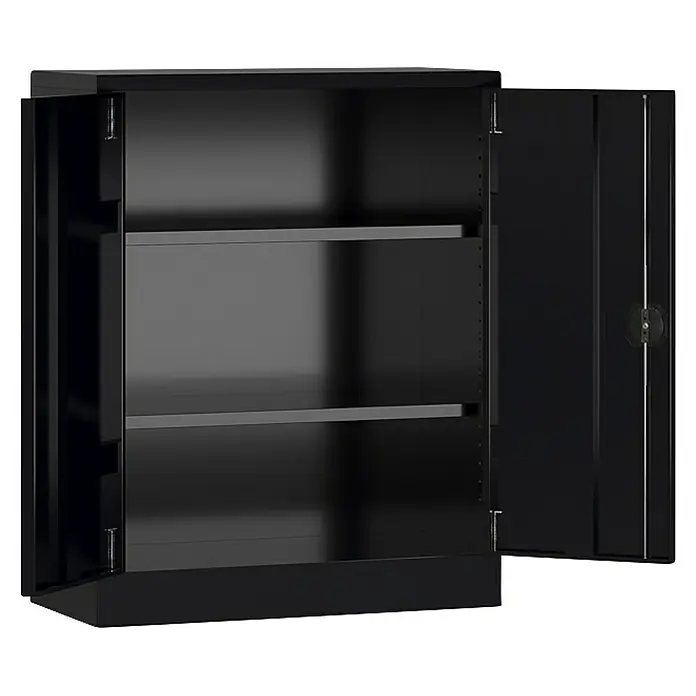 Lüllmann ClassiX Metall-Mehrzweckschrank - H x B x T: 100 x 80 x 38 cm, Tiefschwarz, Fertig montiert, Anzahl Böden: 2 Stk. - Abbildung eines schwarzen Werkzeugschranks mit zwei offenen Türen und zwei Regalen im Inneren.