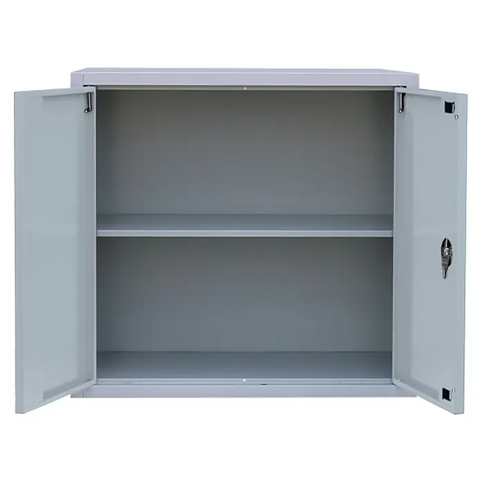 Lüllmann Metall-Mehrzweckschrank - H x B x T: 75 x 80 x 38,3 cm, Lichtgrau, Fertig montiert, Anzahl Böden: 1 Stk. - Bild eines grauen Metallschranks mit zwei offenen Türen, der einen Einblick in die Regalfächer bietet.