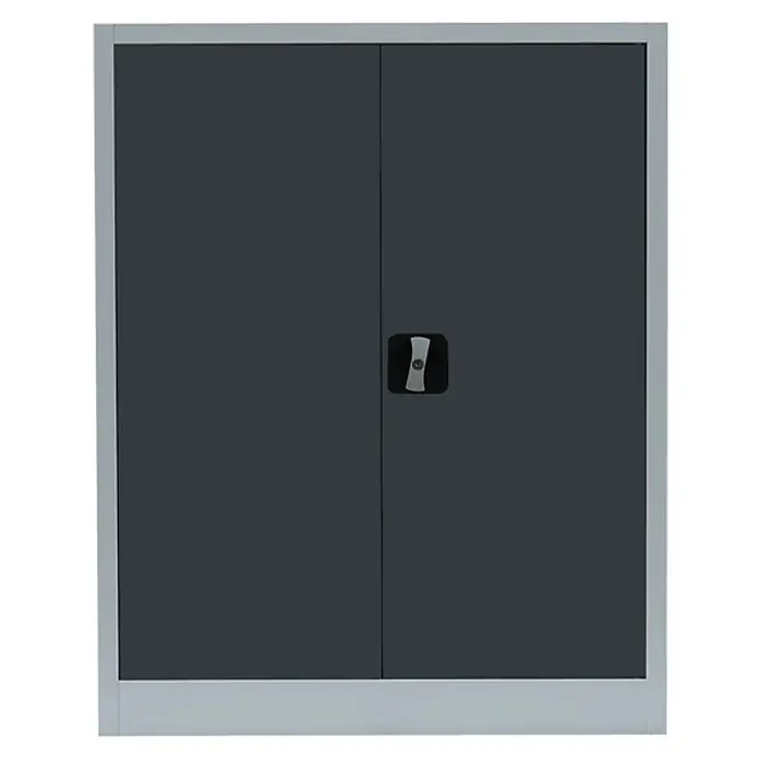 Lüllmann Metall-Mehrzweckschrank - H x B x T: 100 x 80 x 38,3 cm, Lichtgrau/Anthrazit, Fertig montiert, Anzahl Böden: 2 Stk. - Nahaufnahme eines grauen Metallschranks mit zwei Türen und einem Griff. Das Gehäuse ist in einem modernen Design gestaltet.