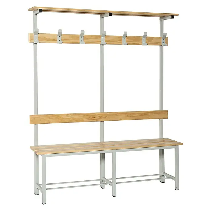Simonrack Simonlocker Umkleide-Sitzbank CR 7/1500 - L x B x H: 35 x 150 x 180 cm - Foto eines Garderobenständers mit Bank, Ablage und Haken aus Holz und Metall. Der robuste Garderobenständer bietet viel Platz für Kleidung.