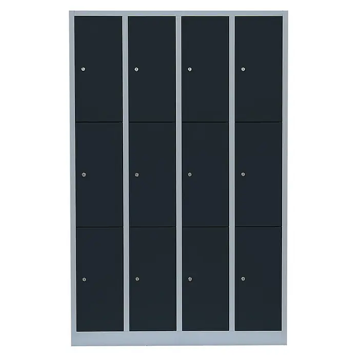 Lüllmann Schließfachschrank - H x B x T: 180 x 117 x 50 cm, Lichtgrau/Anthrazit, Fertig montiert, Anzahl Fächer: 12 Stk. - Das Bild zeigt eine Reihe von Spinden mit grauen Türen und silbernen Rahmen. Die Schränke sind in einer Reihe angeordnet.