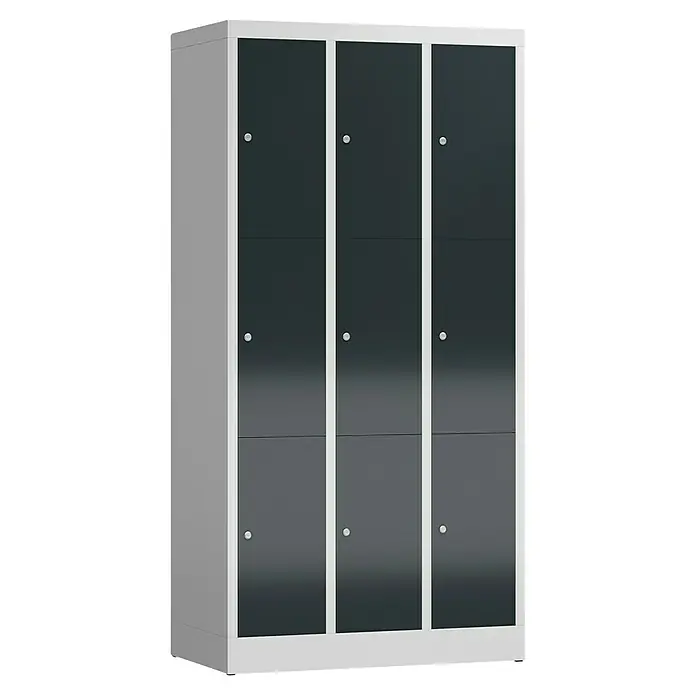 Lüllmann ClassiX Schließfachschrank - H x B x T: 180 x 87 x 50 cm, Lichtgrau/Anthrazit, Fertig montiert, Anzahl Fächer: 9 Stk. - Ein dreiflügeliger grauer Spindschrank mit je drei abschließbaren Fächern übereinander, ideal für Schulen oder Arbeitsplätze.