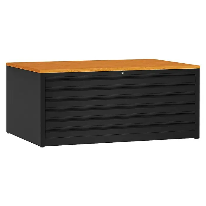 Lüllmann Planschrank - H x B x T: 60,5 x 140,5 x 95,5 cm, Tiefschwarz/Buche, Fertig montiert, Anzahl Schubladen: 6 Stk. - Schubladenschrank mit hölzerner Arbeitsplatte.