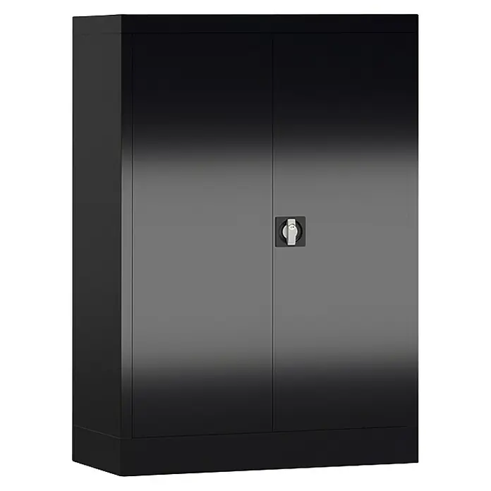 Lüllmann ClassiX Metall-Mehrzweckschrank - H x B x T: 120 x 92 x 42 cm, Tiefschwarz, Fertig montiert, Anzahl Böden: 2 Stk. - Abbildung eines schwarzen Stahlschranks mit zwei Türen und einem Drehgriff zum Verschließen. Ideal für Büro oder Werkstatt.