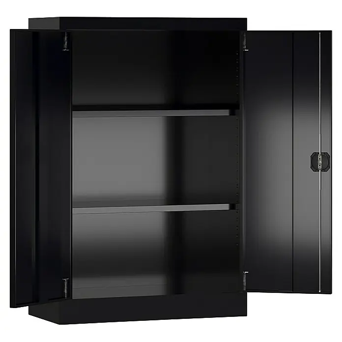 Lüllmann ClassiX Metall-Mehrzweckschrank - H x B x T: 120 x 80 x 38 cm, Tiefschwarz, Fertig montiert, Anzahl Böden: 2 Stk. - Schwarzer Lagerschrank mit zwei Regalböden und geöffneten Türen, ideal für Werkstatt oder Lager.