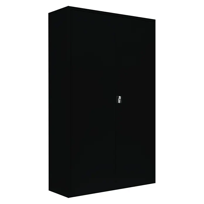 Lüllmann Metall-Mehrzweckschrank - H x B x T: 195 x 120 x 60 cm, Tiefschwarz, Fertig montiert, Anzahl Böden: 4 Stk. - Schwarzer Metallschrank mit zwei Türen und einem silbernen Griff.